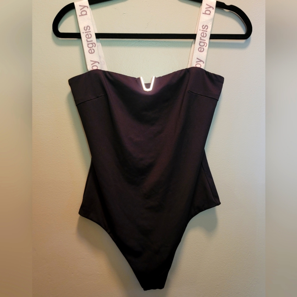 By Egreis Black Bodysuit with Metal V Detail Size Small